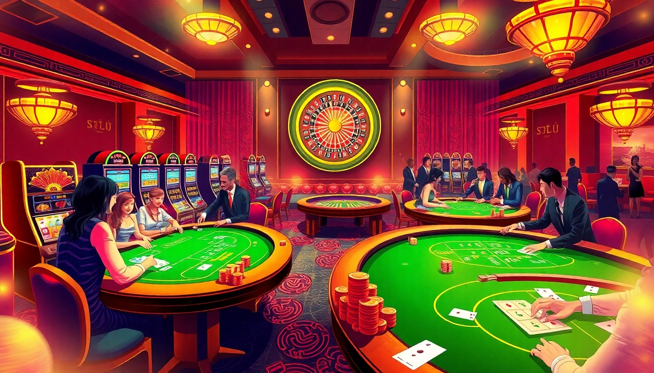 Exciting gaming atmosphere at Nhà cái SP666, showcasing players at poker tables and vibrant slot machines.