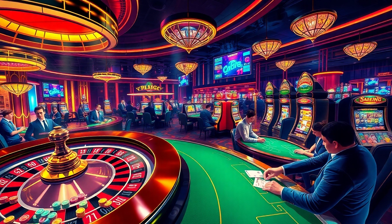 Players engaged in high-stakes gaming at https://bj88.fans/ casino with vibrant roulette and poker tables.