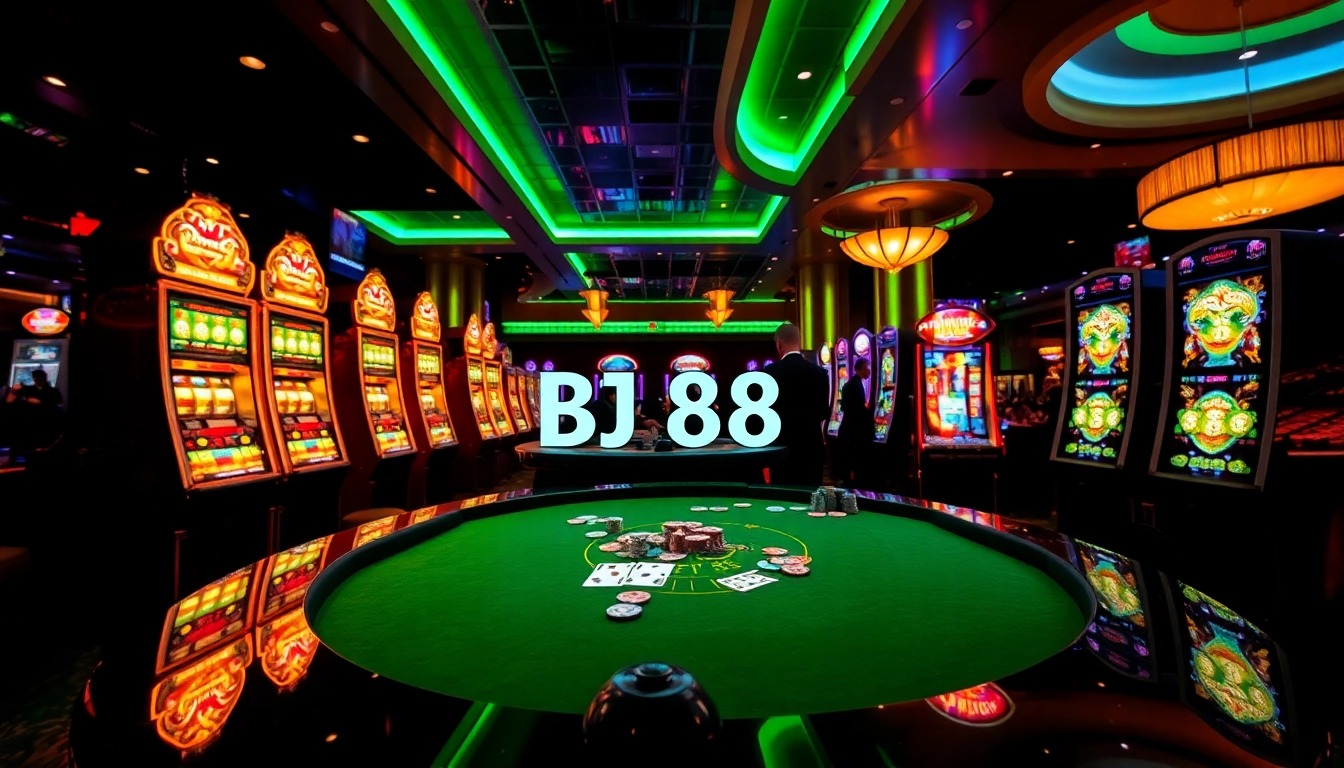 Experience the thrill of BJ 88 in a bustling casino, showcasing vibrant slot machines and excited players.