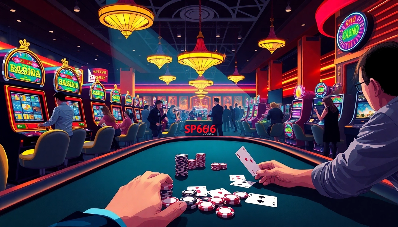 Engage in exciting gameplay at Nhà cái SP666 with colorful poker chips and vibrant slot machines.