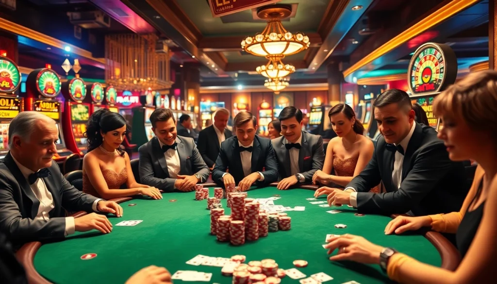 Experience sh bet excitement with poker players revealing winning hands surrounded by vibrant casino elements.