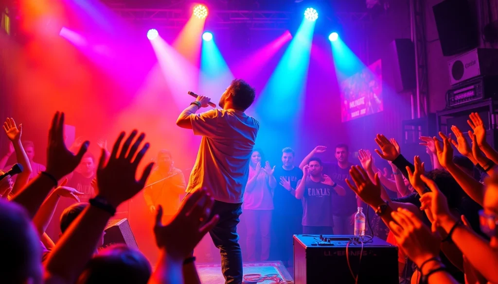 Experience Ok88 performing live on stage with vibrant lights and an enthusiastic crowd.