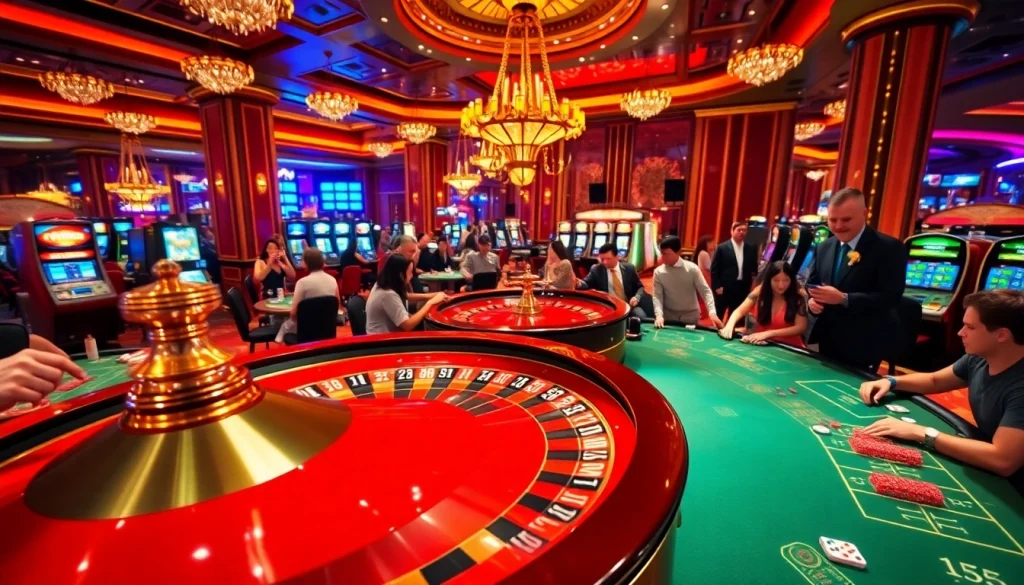Engage in thrilling games at qq88 com, featuring lively casino activities with roulette wheels and excited players.