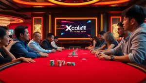 Xoilac TV Trực Tiếp streaming live poker games at a vibrant casino table with players and chips.